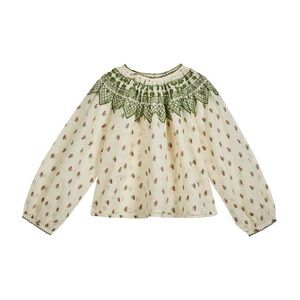 Emile et Ida Cream and Green Blouse with Floral Print